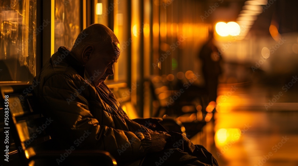 An elderly man rests on a station bench at night, enveloped in the golden light of the setting. Elderly man resting at train station at night. Senior traveler waiting on bench in evening.