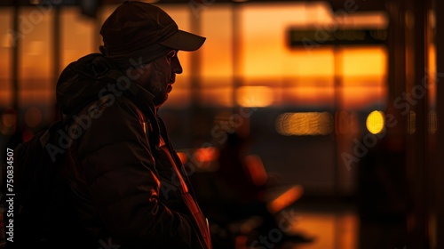 A weary traveler at an airport during the early hours. Silhouetted traveler at sunset in airport and waiting for flight at dusk