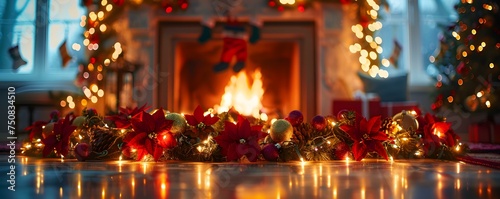 Magical Christmas fireplace Creating a whimsical atmosphere with a diverse family gathered around a Christmas fireplace adorned with lights and decorations. Concept Family Gathering