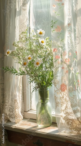 Soft morning light gently illuminates a modest arrangement of daisies and chamomile  set against the backdrop of a window draped with ornate lace curtains