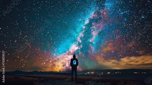 A lone observer stands under a stunningly vibrant Milky Way, gazing into the colorful cosmic vista of the night sky.
