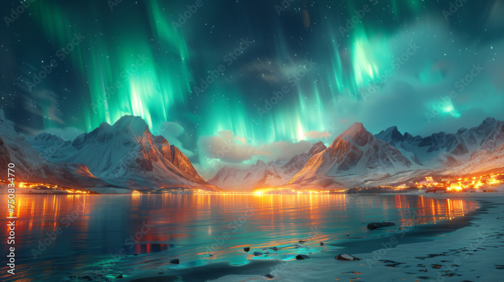 Aurora borealis over the sea, snowy mountains and city lights at night. Northern lights in Lofoten islands, Norway. Starry sky with polar lights. Winter landscape with aurora, reflection, sandy beach.