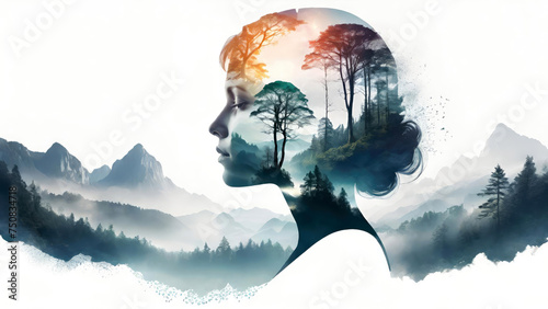Double exposure of a woman's head with forest landscape in the background.Ecology,meditation, spirituality psychological health concept.AI generated 