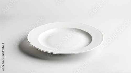 Minimalistic white plate on a pristine white background. Simple elegance of a single ceramic dish. The clean design of porcelain tableware in a pure setting.