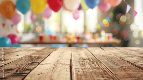 Wooden table foreground with a blurred party background. Celebratory ambiance with balloons and festive decor out of focus. Party table set for a joyful event with a bokeh effect.