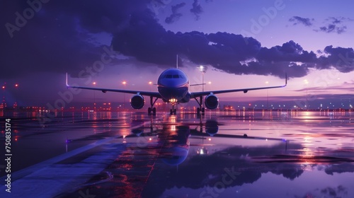Airliner ready for departure on reflective wet runway. Twilight skies over airport create a tranquil flight scene. Aircraft poised for night travel under violet clouds. photo