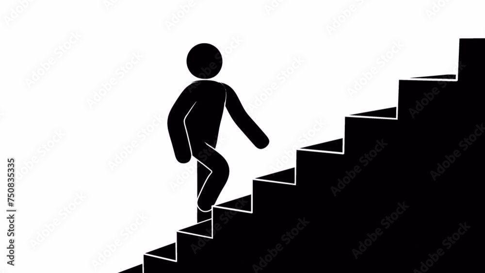 A pictogram man is ascending a staircase in an animated icon. Looped animation with alpha channel.