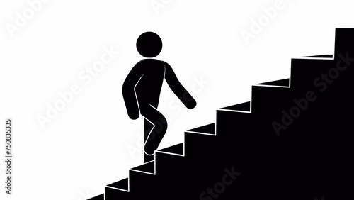 A pictogram man is ascending a staircase in an animated icon. Looped animation with alpha channel.