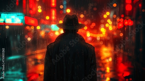Man in Hat and Coat Walking Down Rainy Street