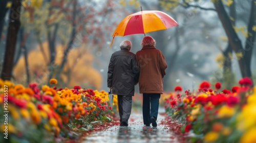 Man and Woman Walking Through Field of Flowers