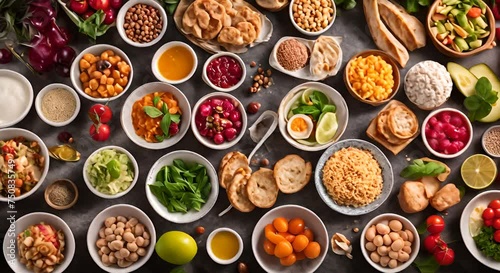 healthy food dishes and fresh fruits on the table