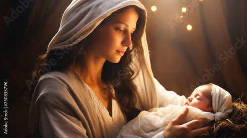 Virgin Mary cradling the newborn Jesus photo