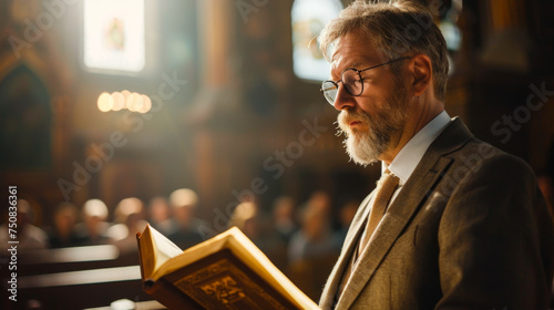 An earnest preacher in a tweed suit reads from a holy book in a sunlit church