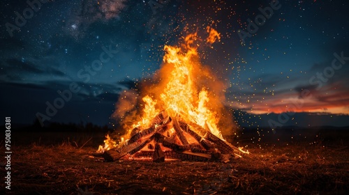 Campfire Burning Bright in Open Field at Night