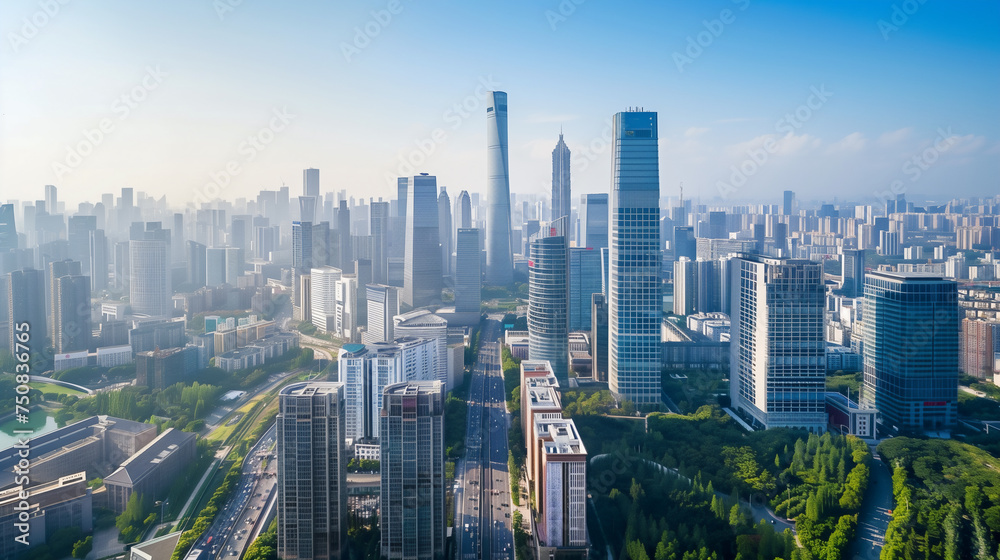 Fototapeta Clear blue skies over a sprawling city skyline, showcasing the modern architecture and skyscrapers of an urban metropolis