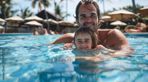 Caucasian father and daughter playing in swimming pool at hotel.