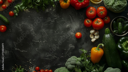 Assorted fresh vegetables artistically arranged on a dark, textured background, ready for healthy cooking