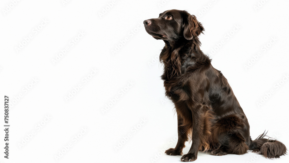 A Black Setter dog gazes alertly upwards with intelligence in its eyes, against a clean white backdrop highlighting its sleek black fur A Black Setter dog gazes alertly upwards with intelligence in its eyes, against a clean white backdrop highlighting its sleek black fur