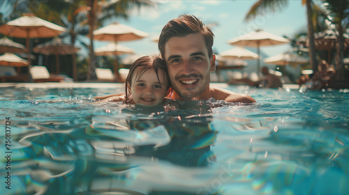 Caucasian father and daughter playing in swimming pool at hotel.