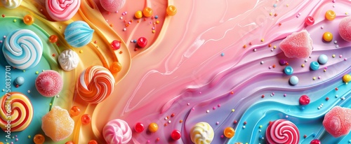 Vibrant candy landscape with assorted sweets on a wavy, colorful background, capturing a playful and delicious atmosphere.