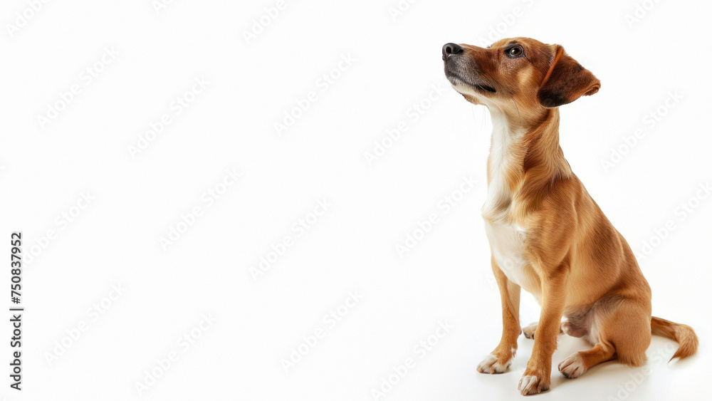 A brown small dog tilts its head expressively, suggesting curiosity and anticipation A brown small dog tilts its head expressively, suggesting curiosity and anticipation