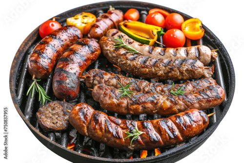 Top view. Assorted delicious grilled meat and bratwurst with vegetables over the coals on a barbecue,Isolated on a transparent background.