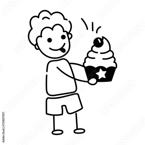 Grab doodle icon of eating cupcake