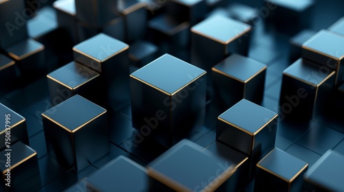 Abstract 3d rendering cubes perspective view, gold and very dark black geometric background , digital data background 3d render polygon. 