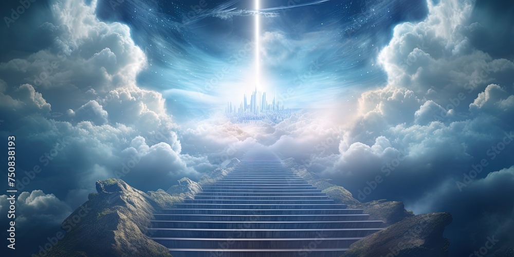 Stairway to heaven in heavenly concept. Religion background. Stairway to paradise in a spiritual concept. Stairway to light in spiritual fantasy. Path to the sky and clouds. - obrazy, fototapety, plakaty 