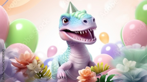 A cute little dinosaur, surrounded by balloons and flowers, is enjoying a birthday party. © Jasmina Stokic