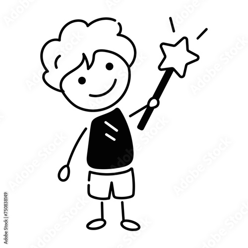 Smiling kid holding star wand, doodle style icon 