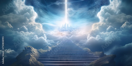 Stairway to heaven in heavenly concept. Religion background. Stairway to paradise in a spiritual concept. Stairway to light in spiritual fantasy. Path to the sky and clouds.