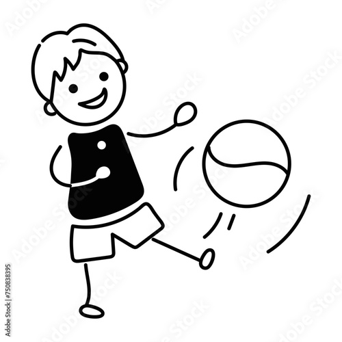 Trendy doodle icon of a kid kicking ball 