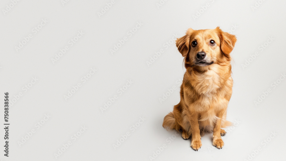 Cute Golden Retriever with a digitally blurred face sitting against a white backdrop, highlighting the body and fur