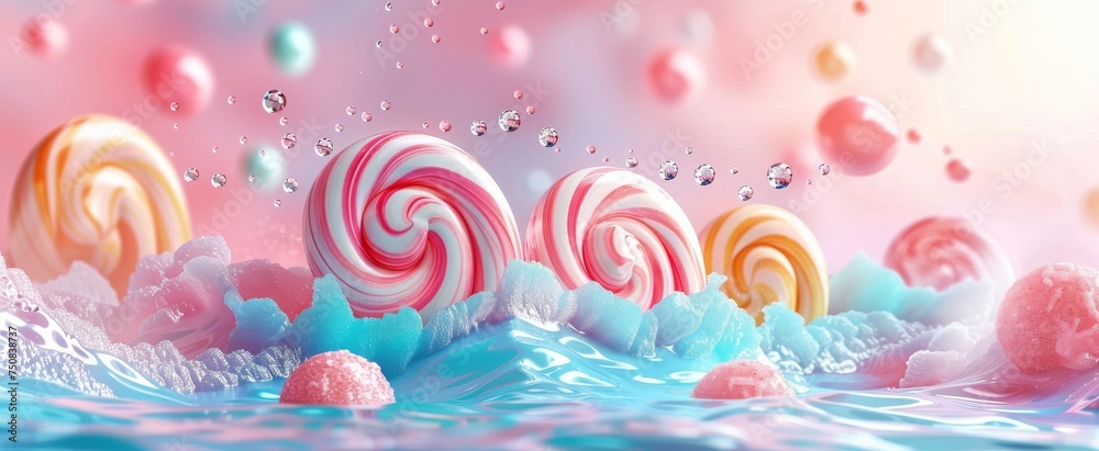 Dreamy candy swirls and gummy waves against a pastel backdrop with floating bubbles, evoking a whimsical aquatic fantasy.