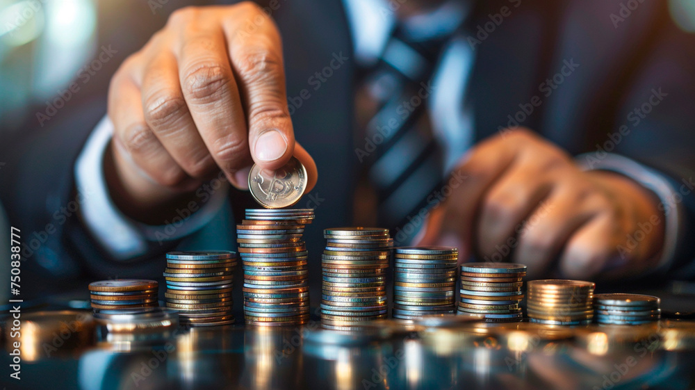 business people putting coin into the stack of coins. business people putting coin into the stack of coins.