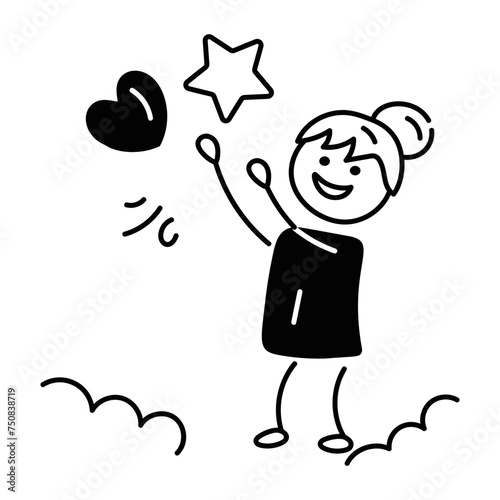 A doodle icon of girl catching heart and star