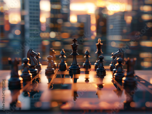 Close-up of a chessboard with strategic positioning of pieces, set against the backdrop of a city at sunset