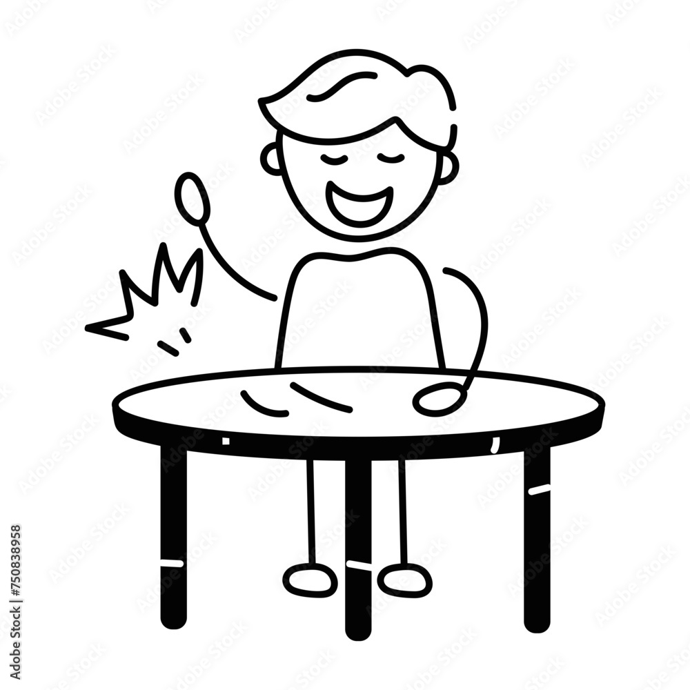 Kid doing table knocking, doodle style icon Kid doing table knocking, doodle style icon
