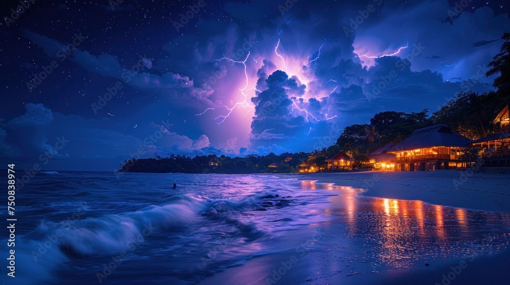 Lightning Storm Over Beach at Night