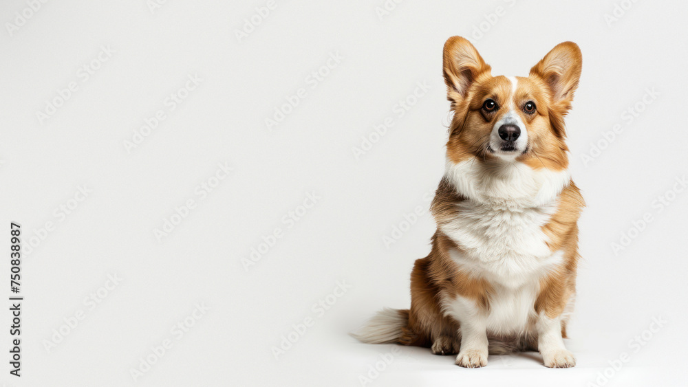 Adorable Pembroke Welsh Corgi sitting upright and looking forward on a clean, white background highlighting its features