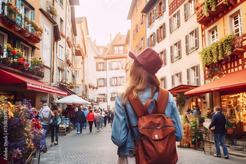 A woman walks down the city street with a backpack in the morning