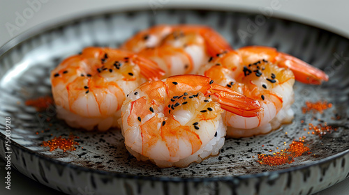 Shrimps with black sesame on a gray plate.