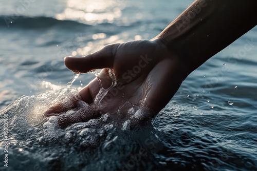 A mans hand tenderly reaches out to touch the water, connecting with natures serenity and tranquility in a harmonious moment of contemplation. © Людмила Мазур