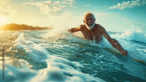 Active senior man surfing at the ocean. An adventurous senior man catching the perfect wave at dusk. photo