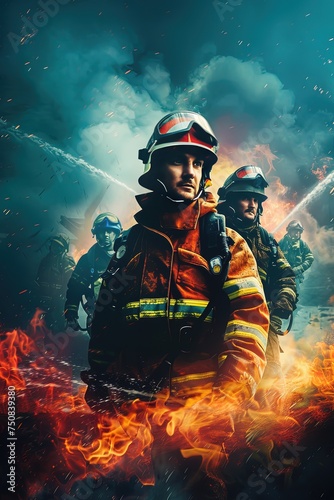 Firefighters in action. Creative background. Bringing calm amidst the chaos. Brave heroes.