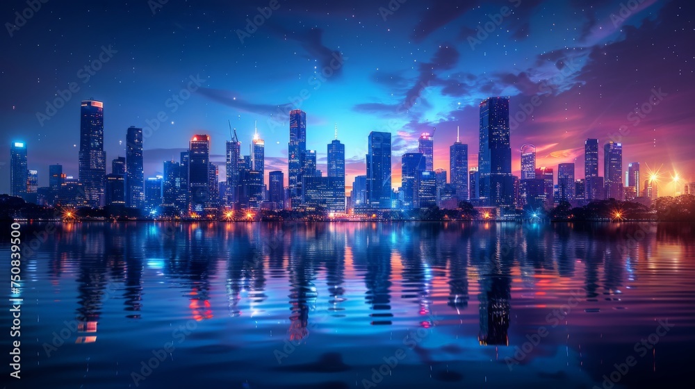 City Skyline Illuminated at Night