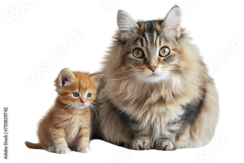 large fluffy cat with big eyes sits next to a small orange kitten. Mother cat and little kittens,Isolated on a transparent background.