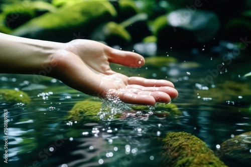 A mans hand tenderly reaches out to touch the water  connecting with natures serenity and tranquility in a harmonious moment of contemplation.