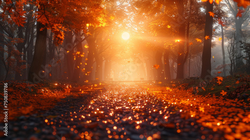 Autumn forest path. Orange color tree, red brown maple leaves in fall city park. Nature scene in sunset fog Wood in scenic scenery Bright light sun Sunrise of a sunny day, morning sunlight view.